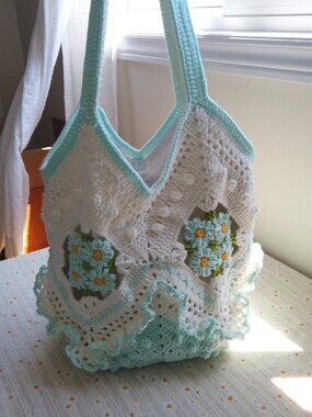 Handmade Blue Floral Granny Square Basket Bag